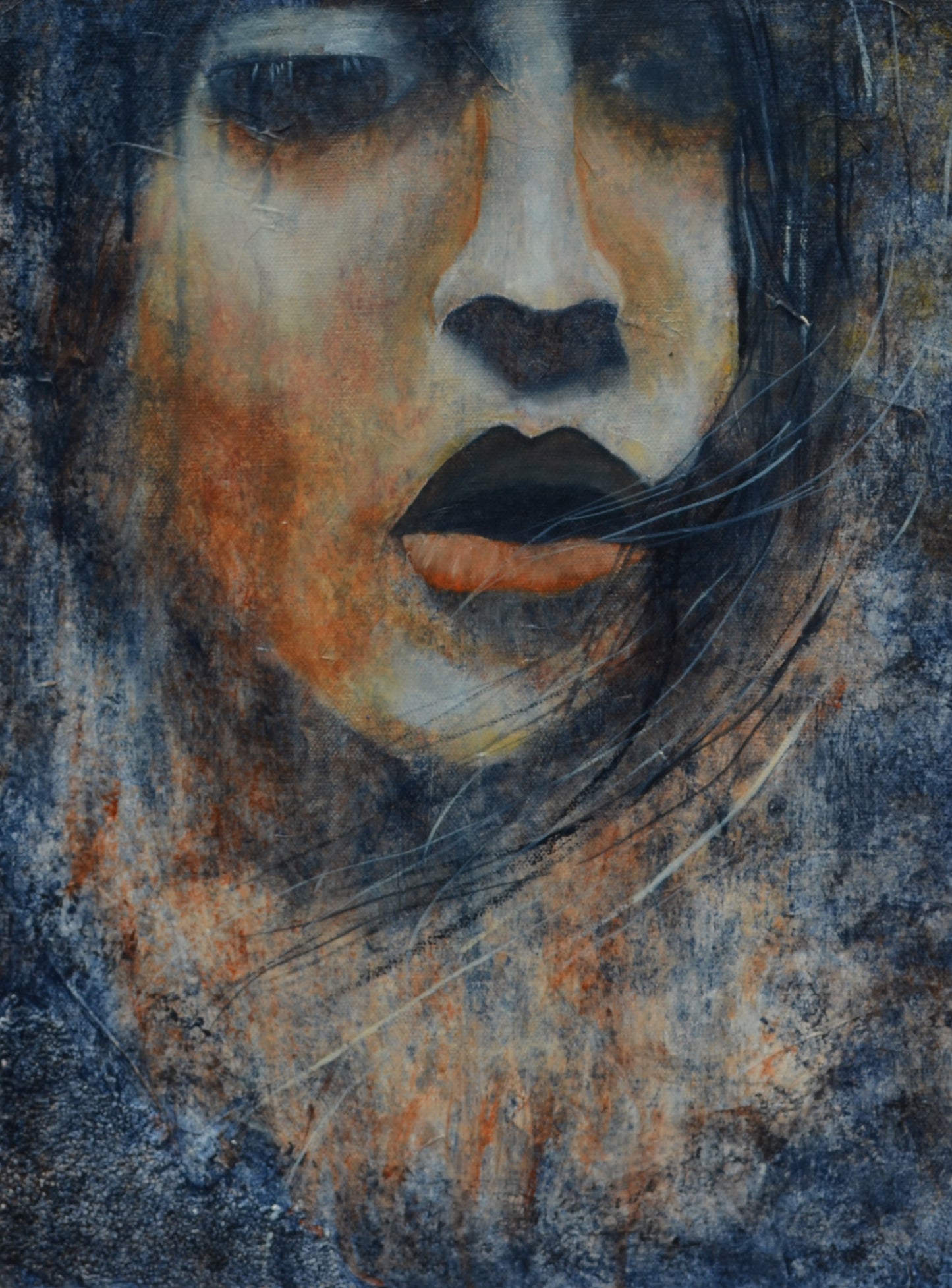 Original Mixed media art portrait painting in an modern abstract painting style, a woman's face, the red lips contrast the blue paint of the rest of this original artwork.