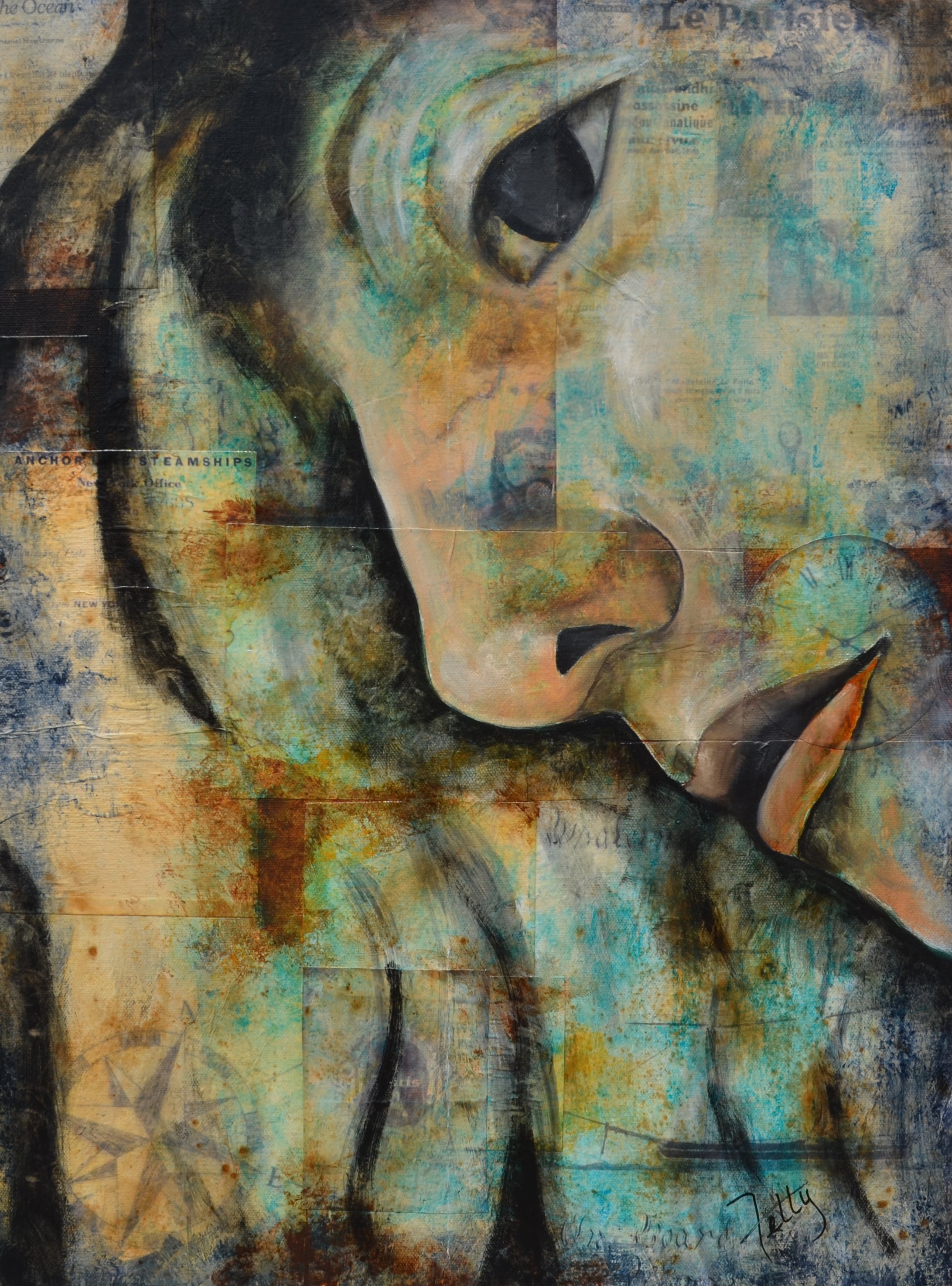 Original mixed media portrait painting in a modern abstract art style. A profile of a face in light blue and tan, outlined with a strong black. The person looks down.